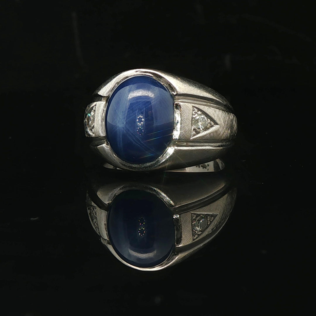 14k White Gold Blue Star Sapphire and Diamond Ring Size 6.5