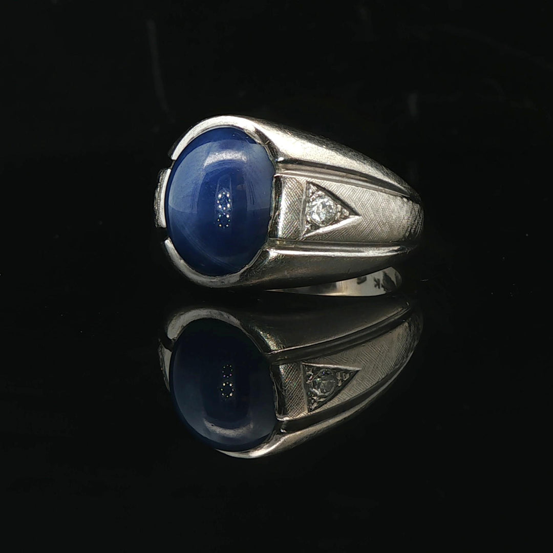 14k White Gold Blue Star Sapphire and Diamond Ring Size 6.5