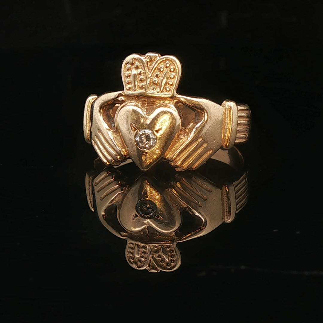 14k Yellow Gold and 0.07ct Diamond Solid Claddagh Ring Size 10