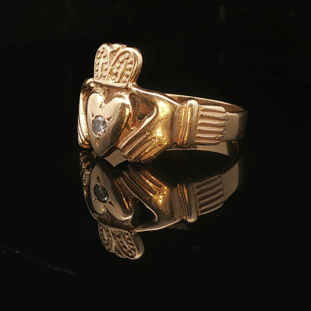 14k Yellow Gold and 0.07ct Diamond Solid Claddagh Ring Size 10