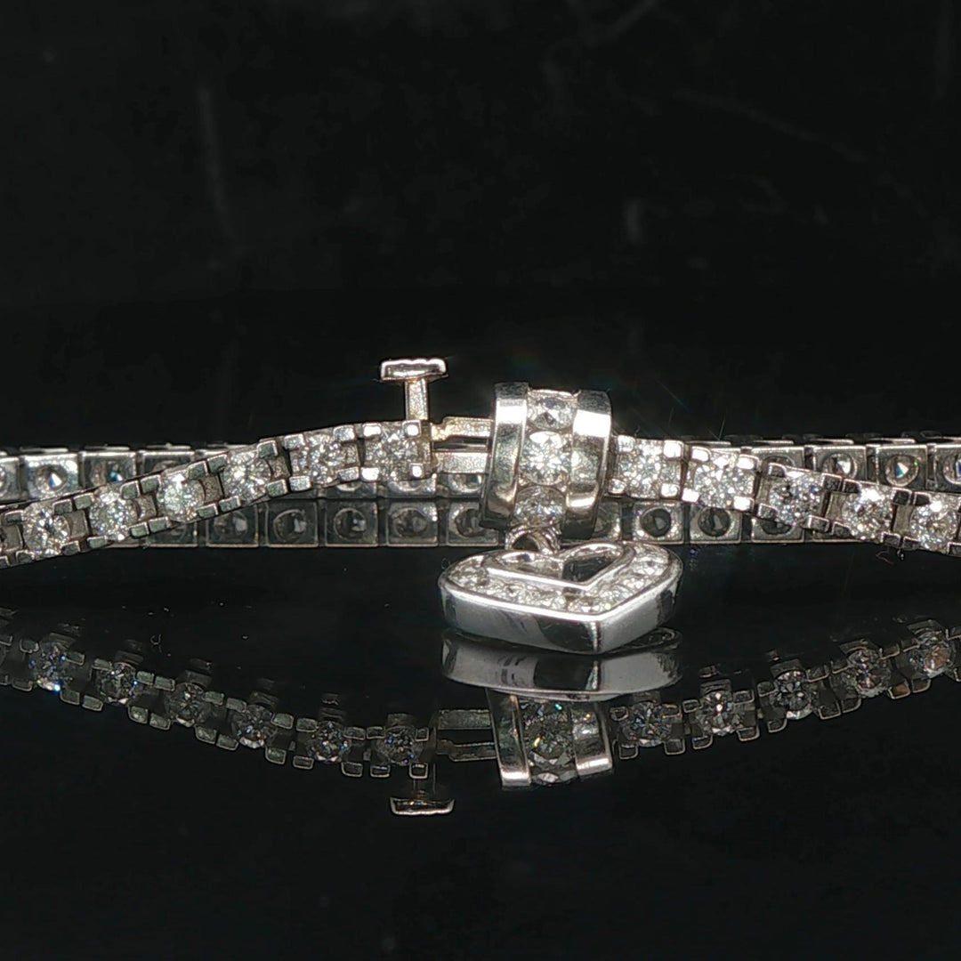 14k White Gold and 3cttw Diamond Heart Charm Tennis Bracelet 7"