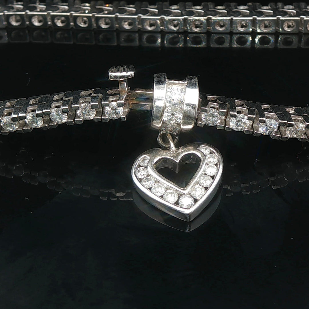 14k White Gold and 3cttw Diamond Heart Charm Tennis Bracelet 7"