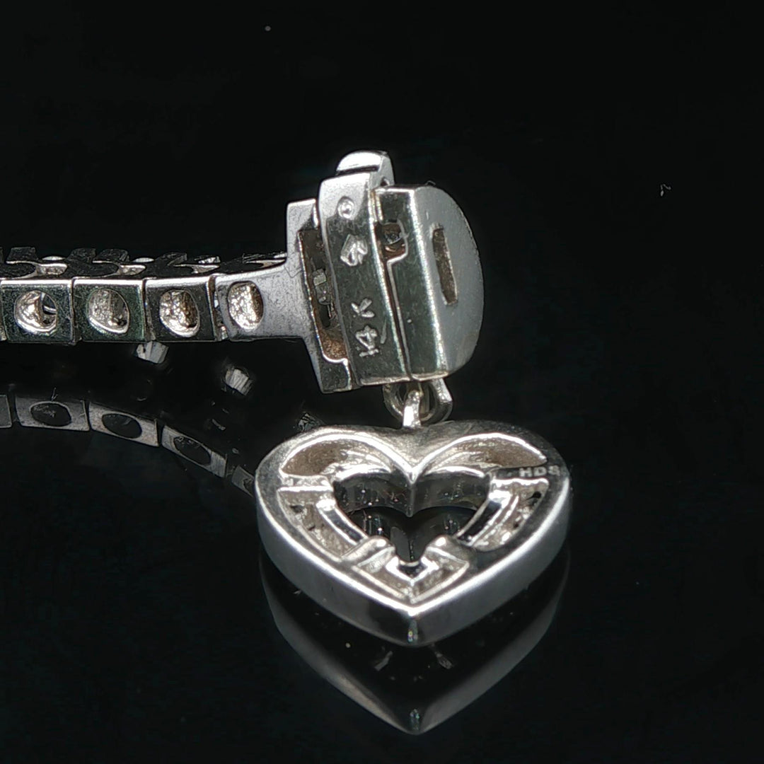 14k White Gold and 3cttw Diamond Heart Charm Tennis Bracelet 7"