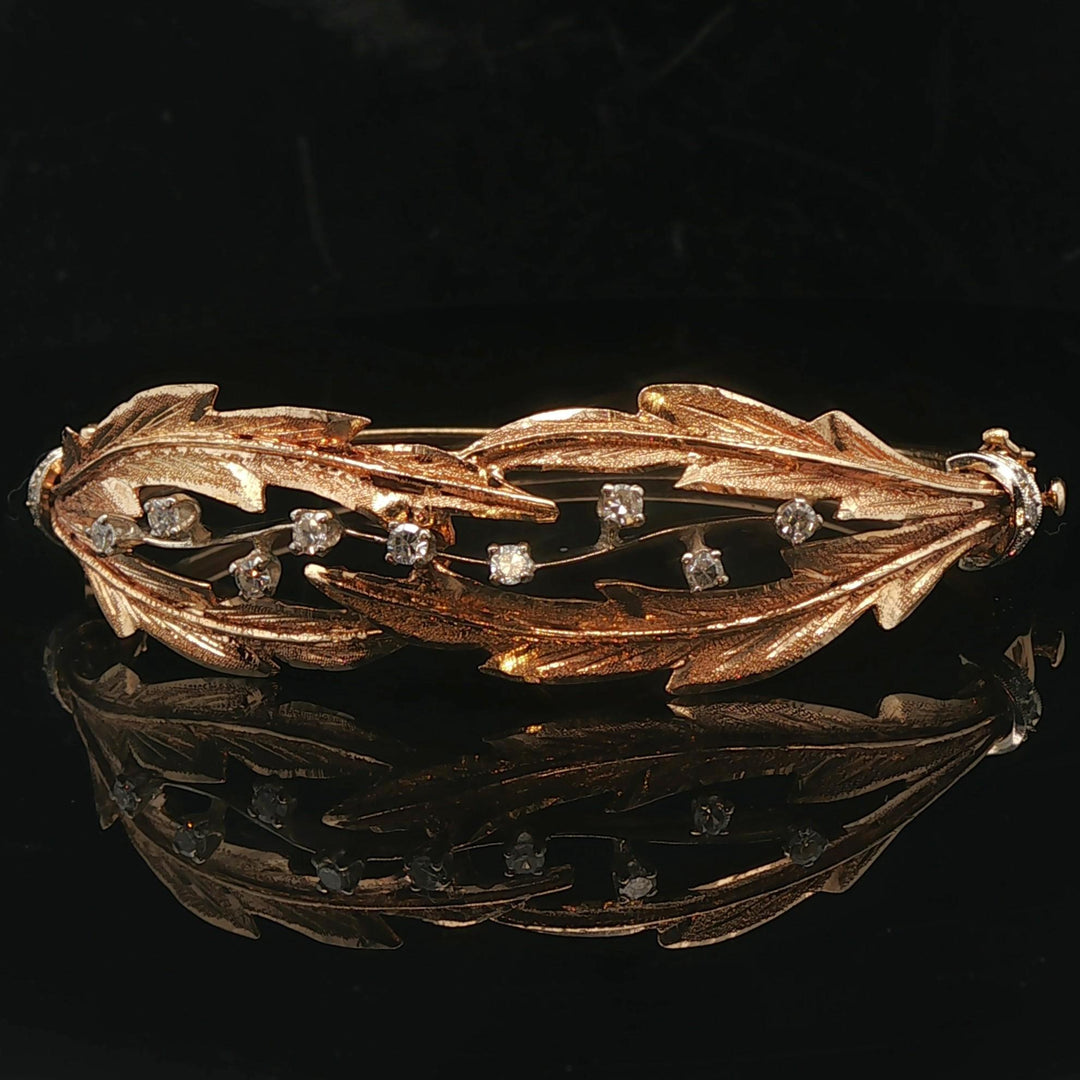 14k Yellow Gold and Diamond 21.3g Solid Vintage Floral Bangle Bracelet 7"