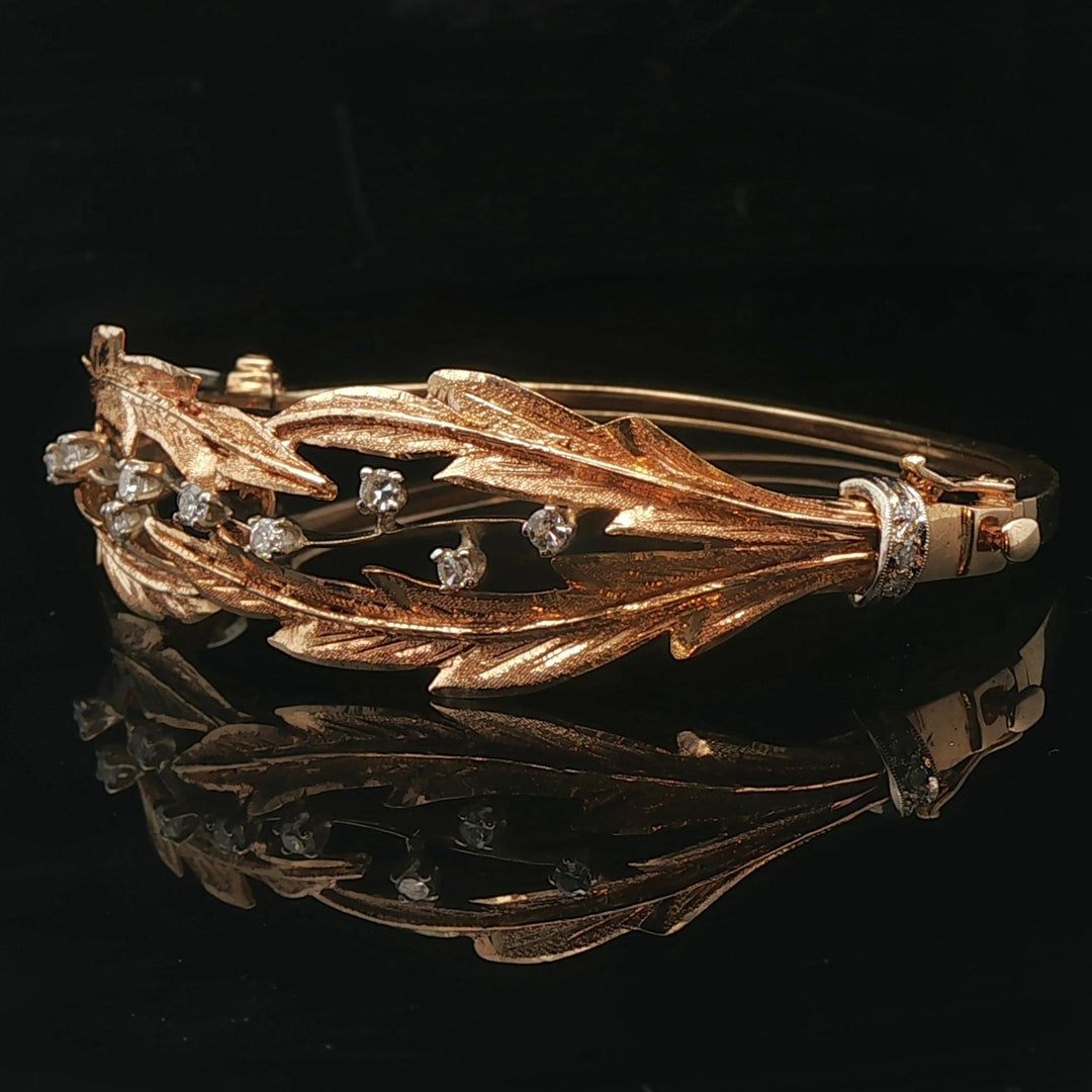14k Yellow Gold and Diamond 21.3g Solid Vintage Floral Bangle Bracelet 7"