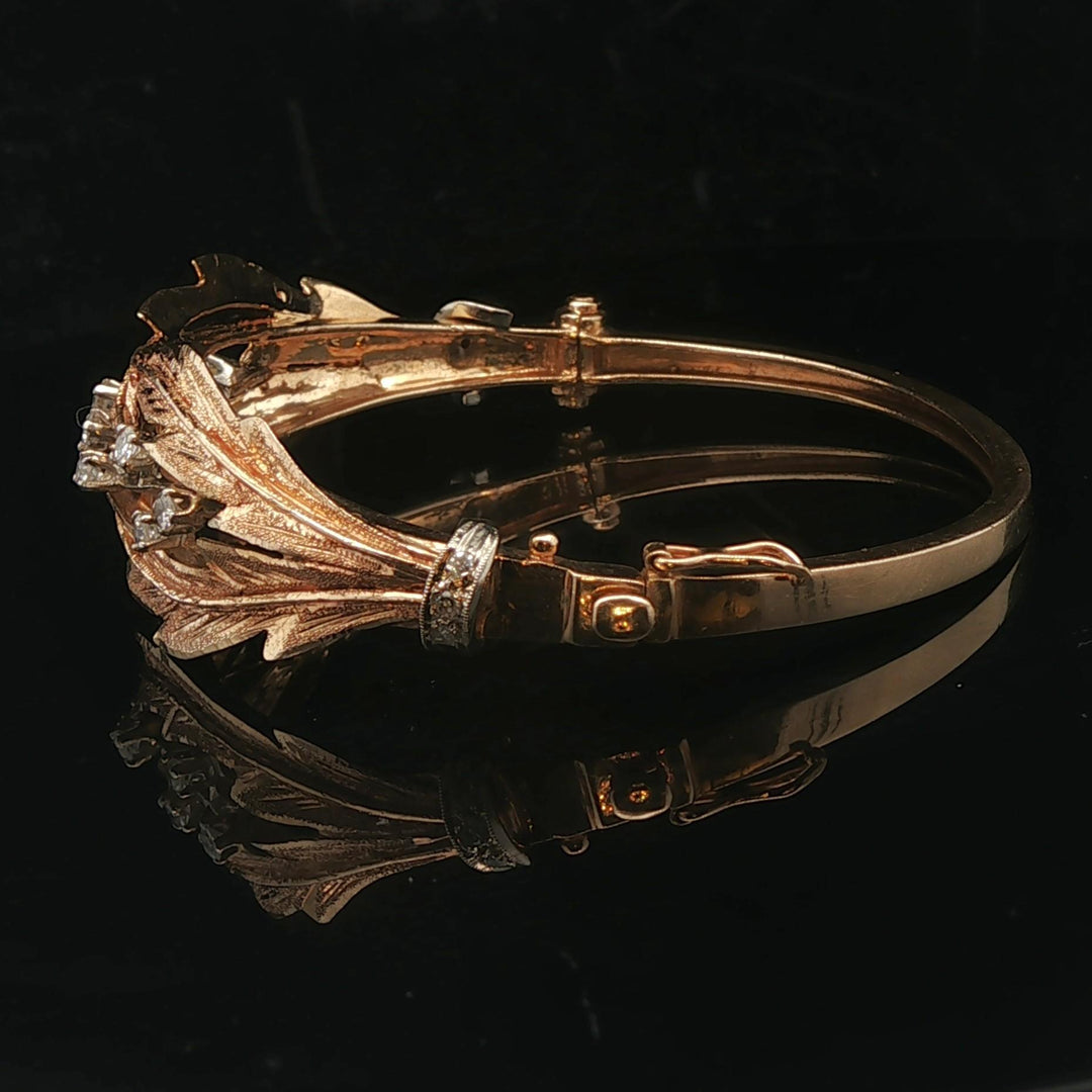14k Yellow Gold and Diamond 21.3g Solid Vintage Floral Bangle Bracelet 7"