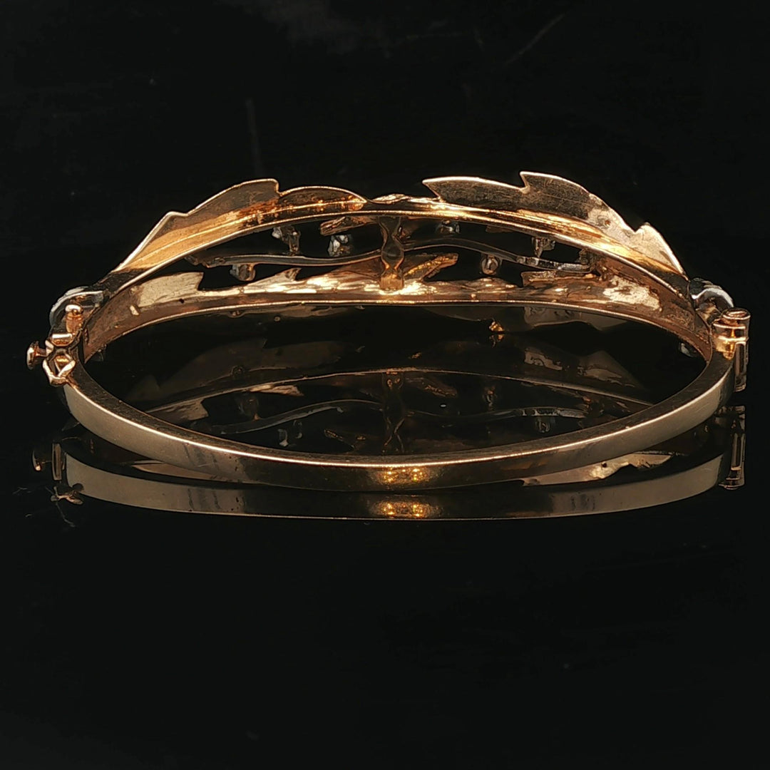 14k Yellow Gold and Diamond 21.3g Solid Vintage Floral Bangle Bracelet 7"
