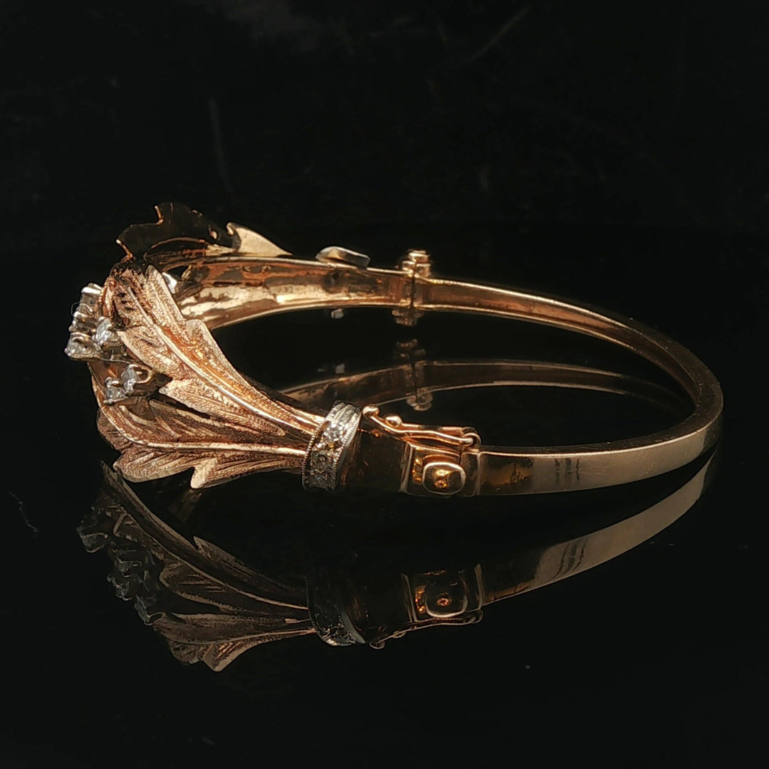 14k Yellow Gold and Diamond 21.3g Solid Vintage Floral Bangle Bracelet 7"