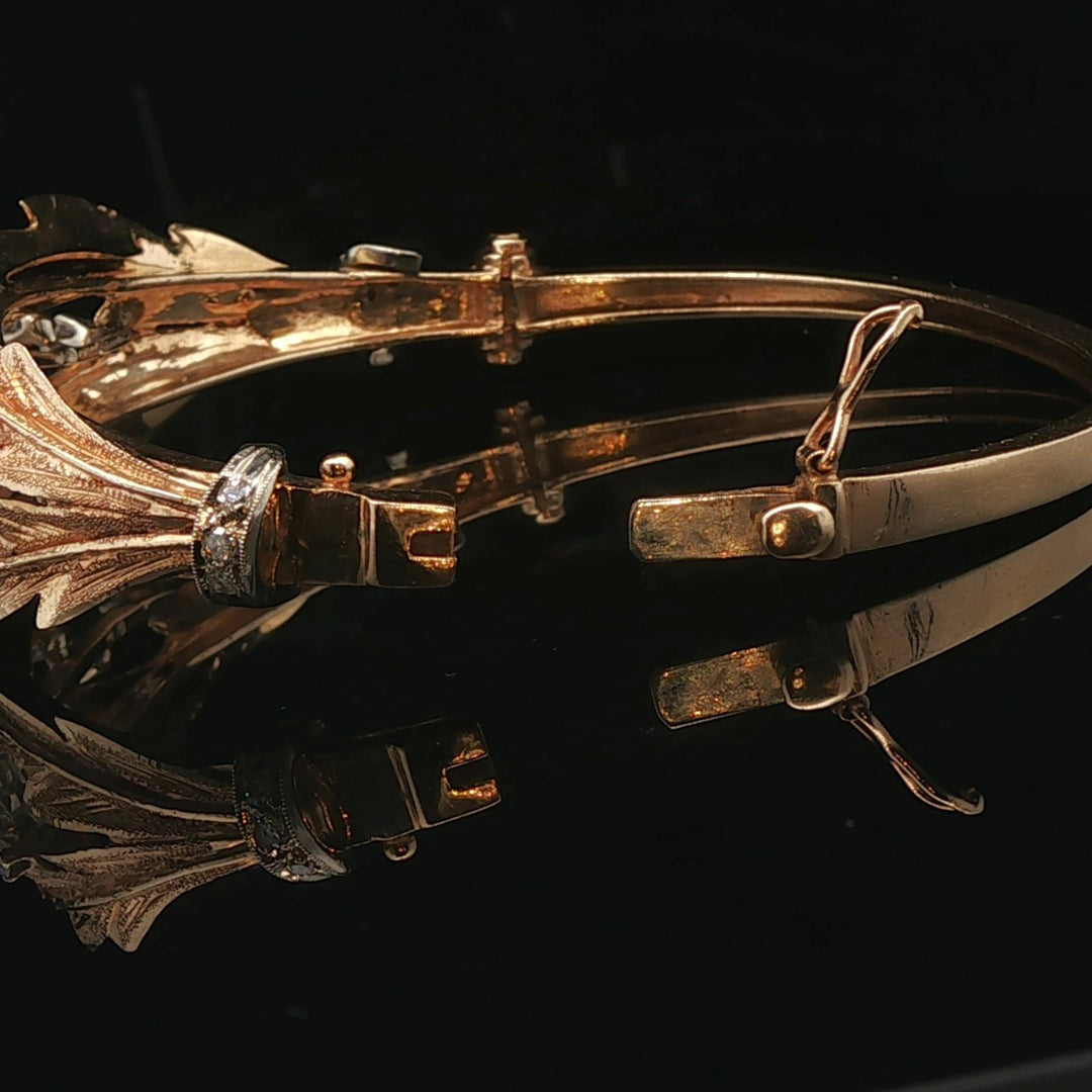 14k Yellow Gold and Diamond 21.3g Solid Vintage Floral Bangle Bracelet 7"