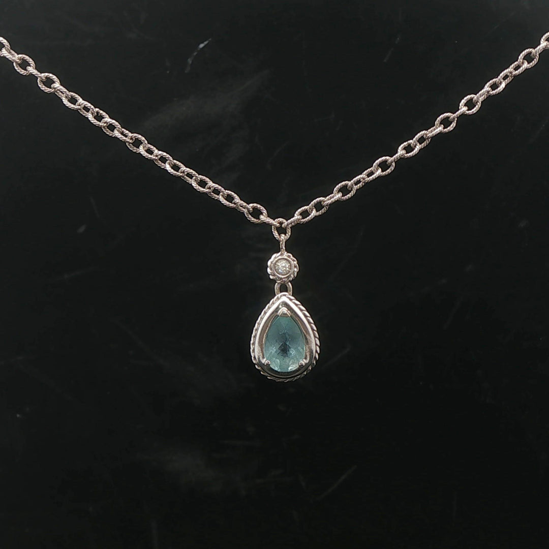 14k White Gold Aquamarine and Diamond 8.7g Ladies Pendant Necklace Italy 16"