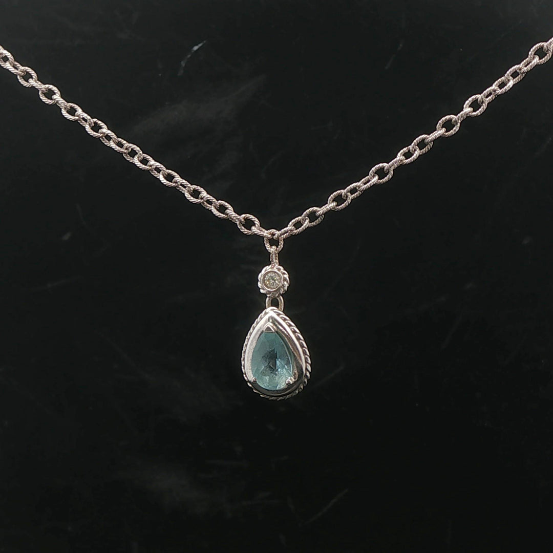 14k White Gold Aquamarine and Diamond 8.7g Ladies Pendant Necklace Italy 16"