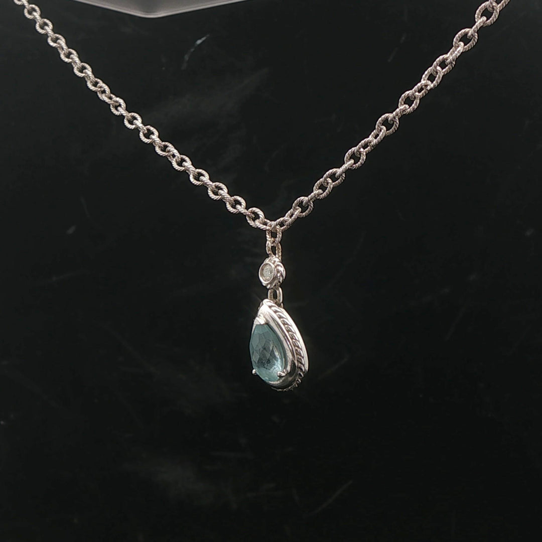 14k White Gold Aquamarine and Diamond 8.7g Ladies Pendant Necklace Italy 16"