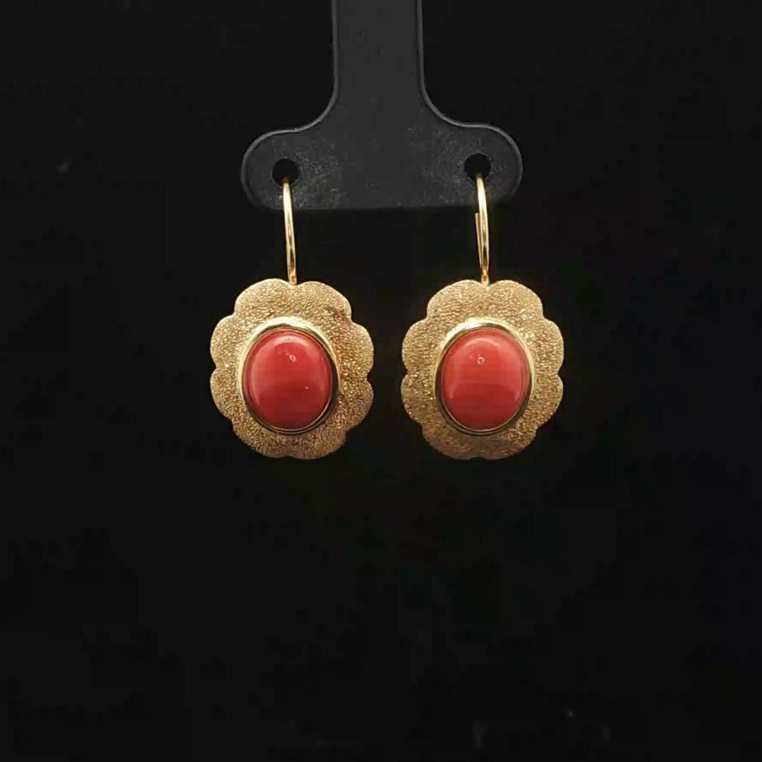 18k Yellow Gold and Italian Red Coral Earrings 1"