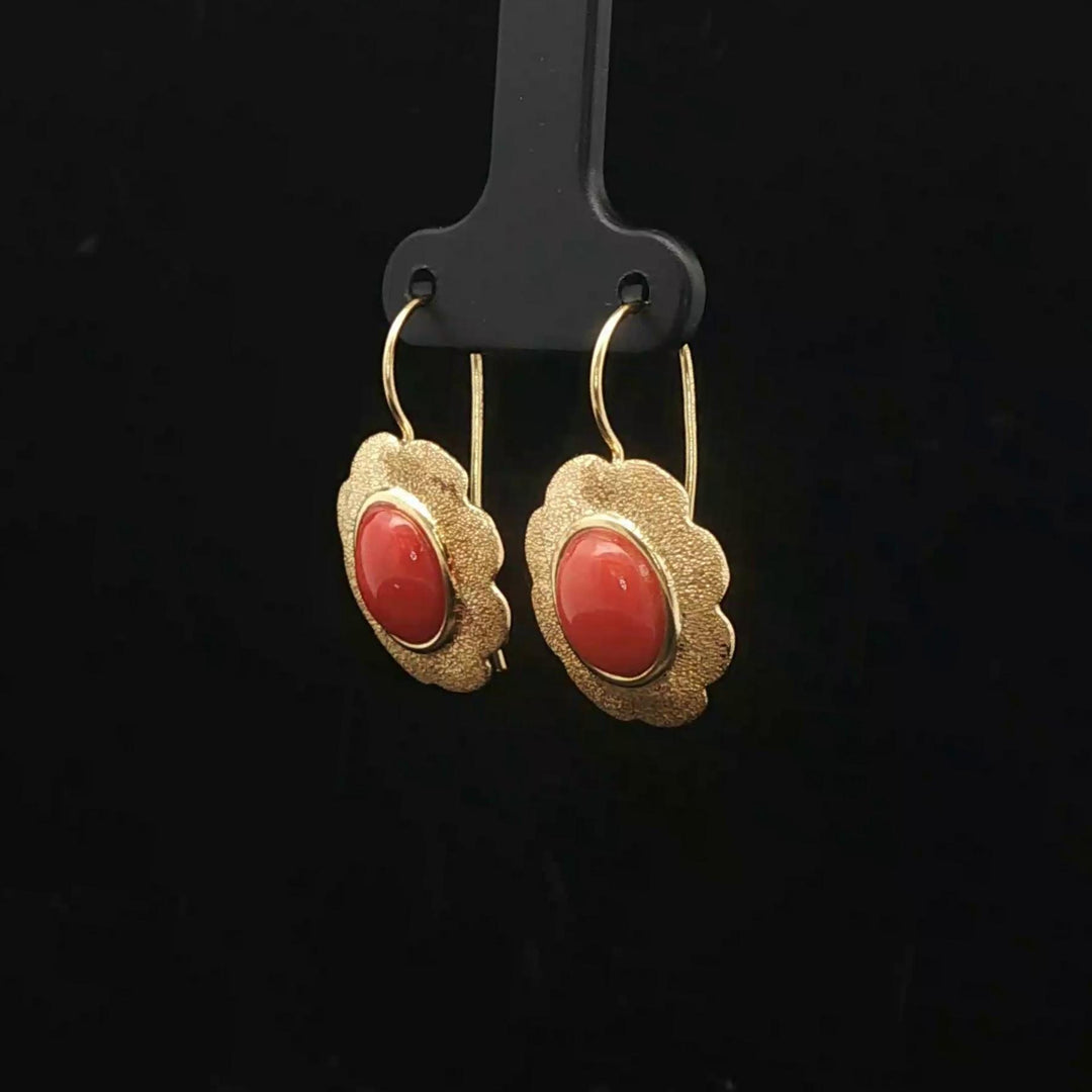 18k Yellow Gold and Italian Red Coral Earrings 1"