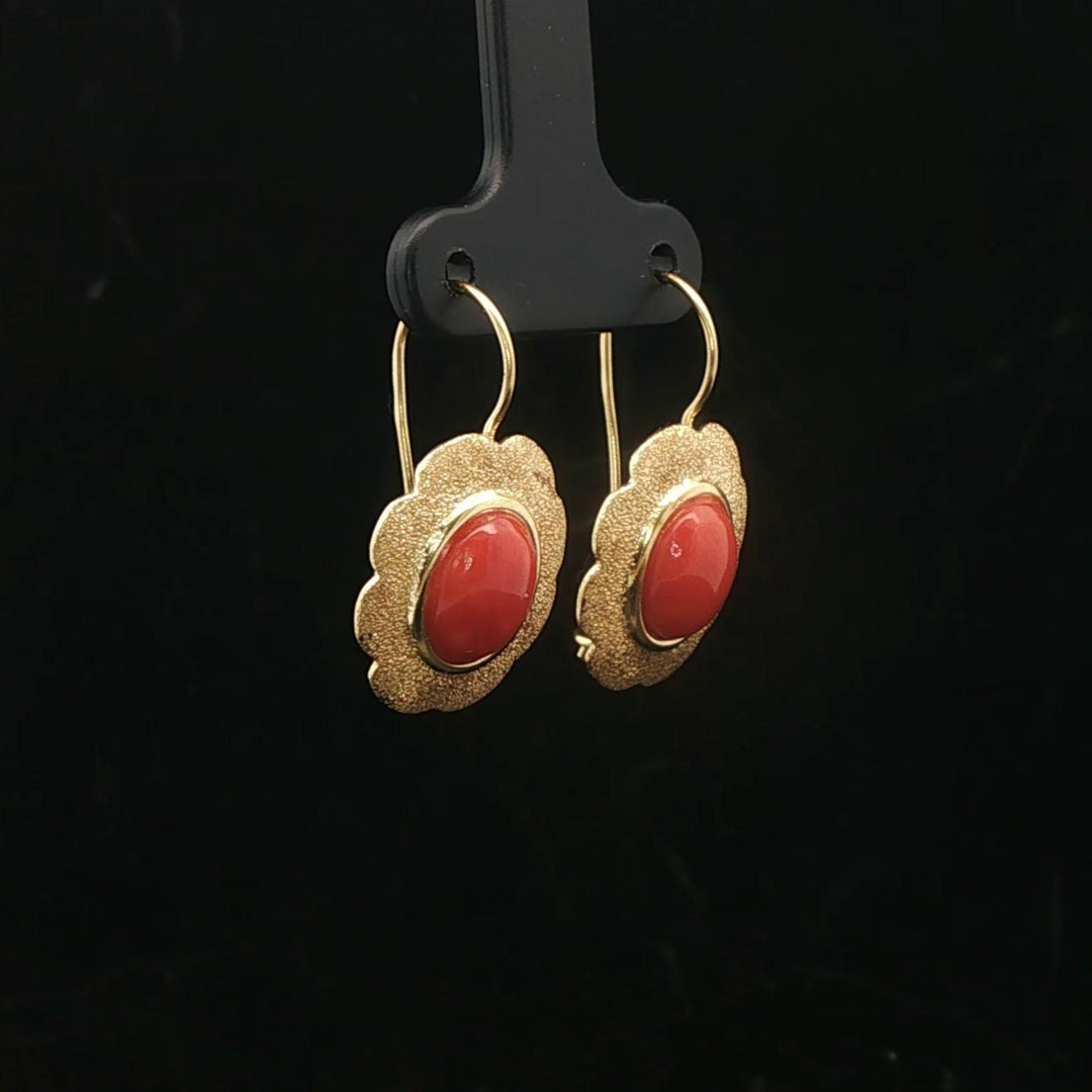 18k Yellow Gold and Italian Red Coral Earrings 1"