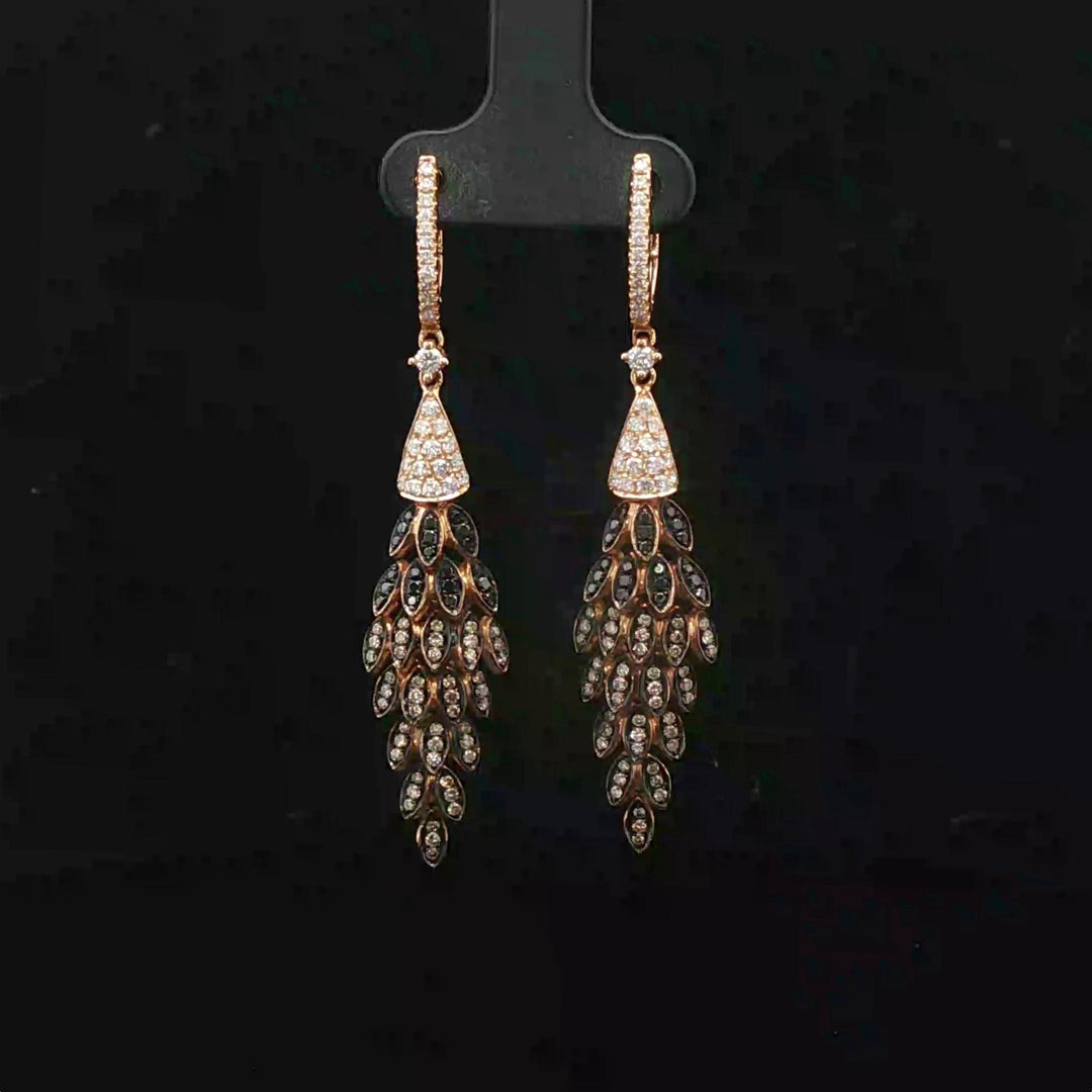 18k Yellow Gold White Champagne and Black Diamond Drop Dangle Earrings 2.25"
