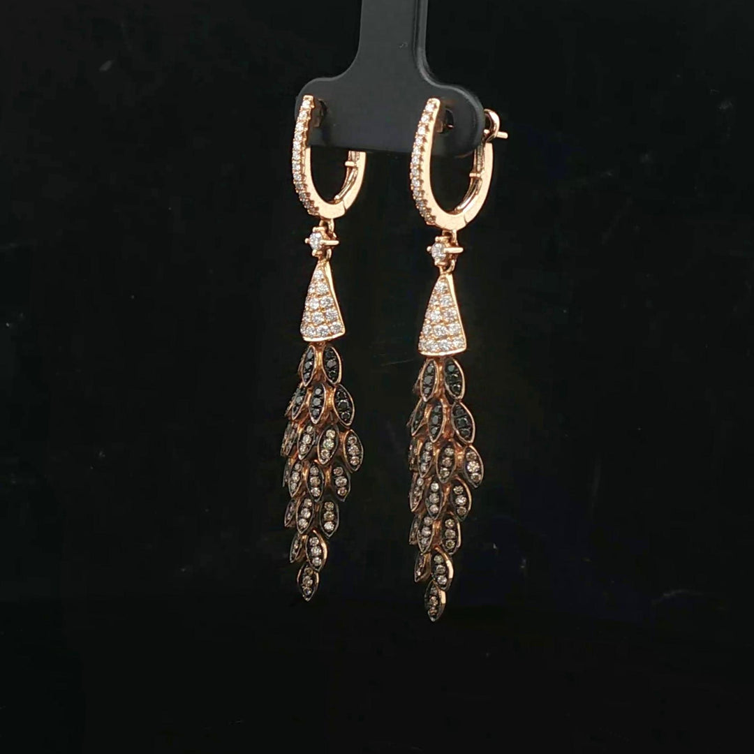 18k Yellow Gold White Champagne and Black Diamond Drop Dangle Earrings 2.25"