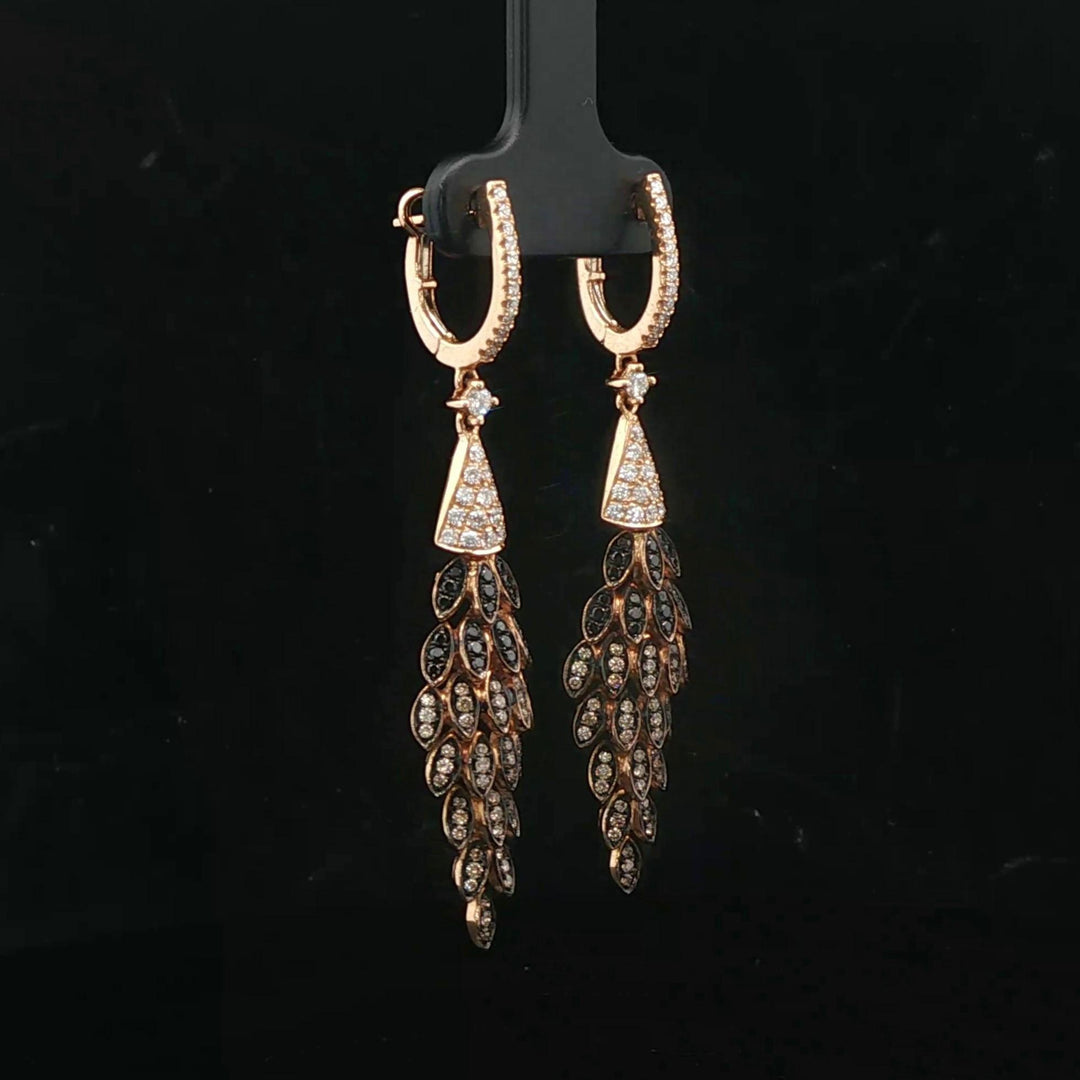 18k Yellow Gold White Champagne and Black Diamond Drop Dangle Earrings 2.25"