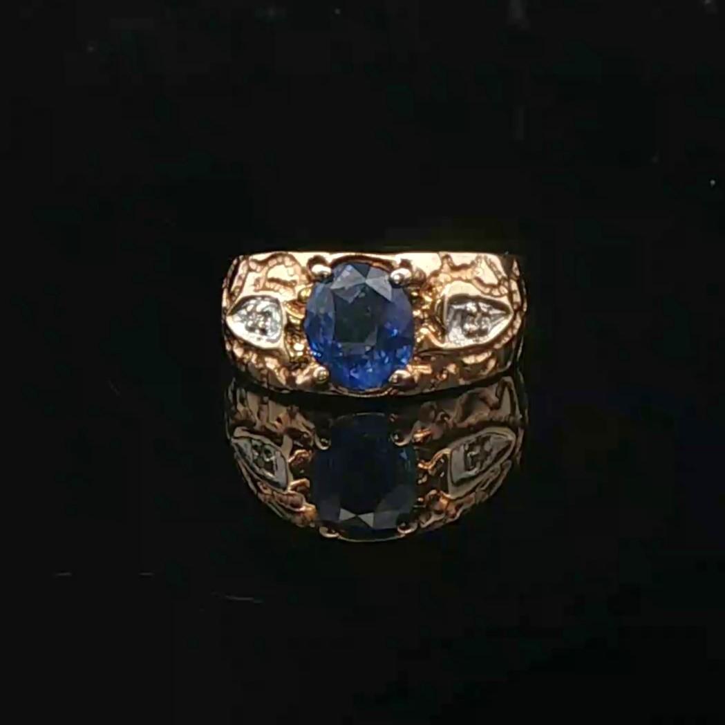 14k Yellow Gold 2ct Blue Sapphire and Diamond Ladies Vintage Ring Size 5.25
