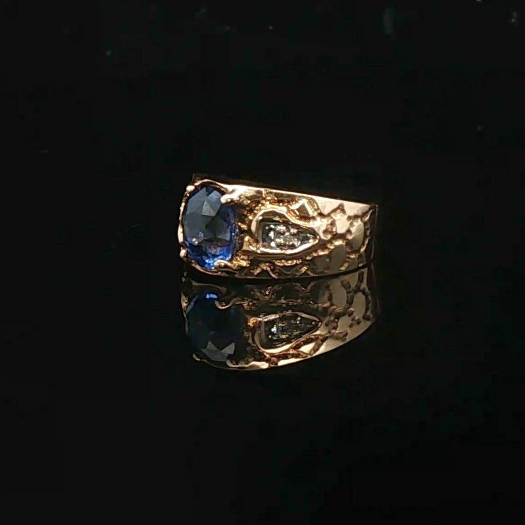 14k Yellow Gold 2ct Blue Sapphire and Diamond Ladies Vintage Ring Size 5.25