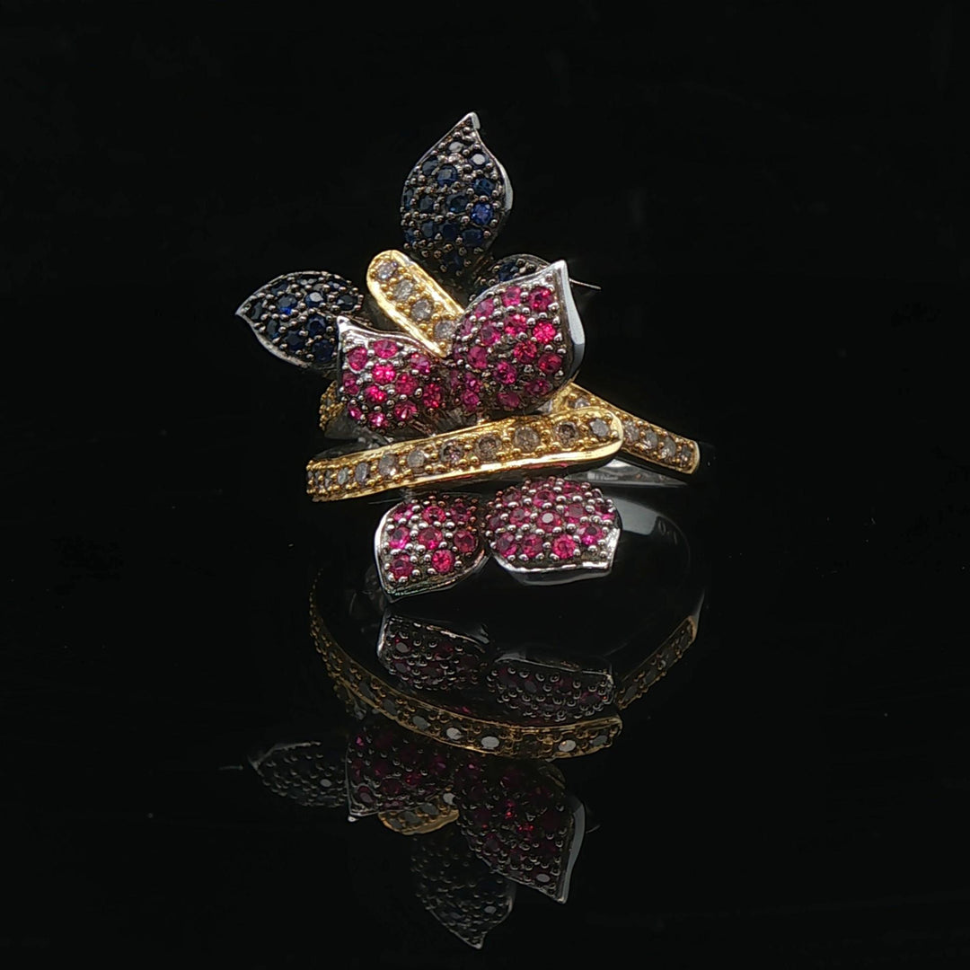 18k White and Yellow Gold Blue Sapphire Ruby and Diamond Ring Size 6