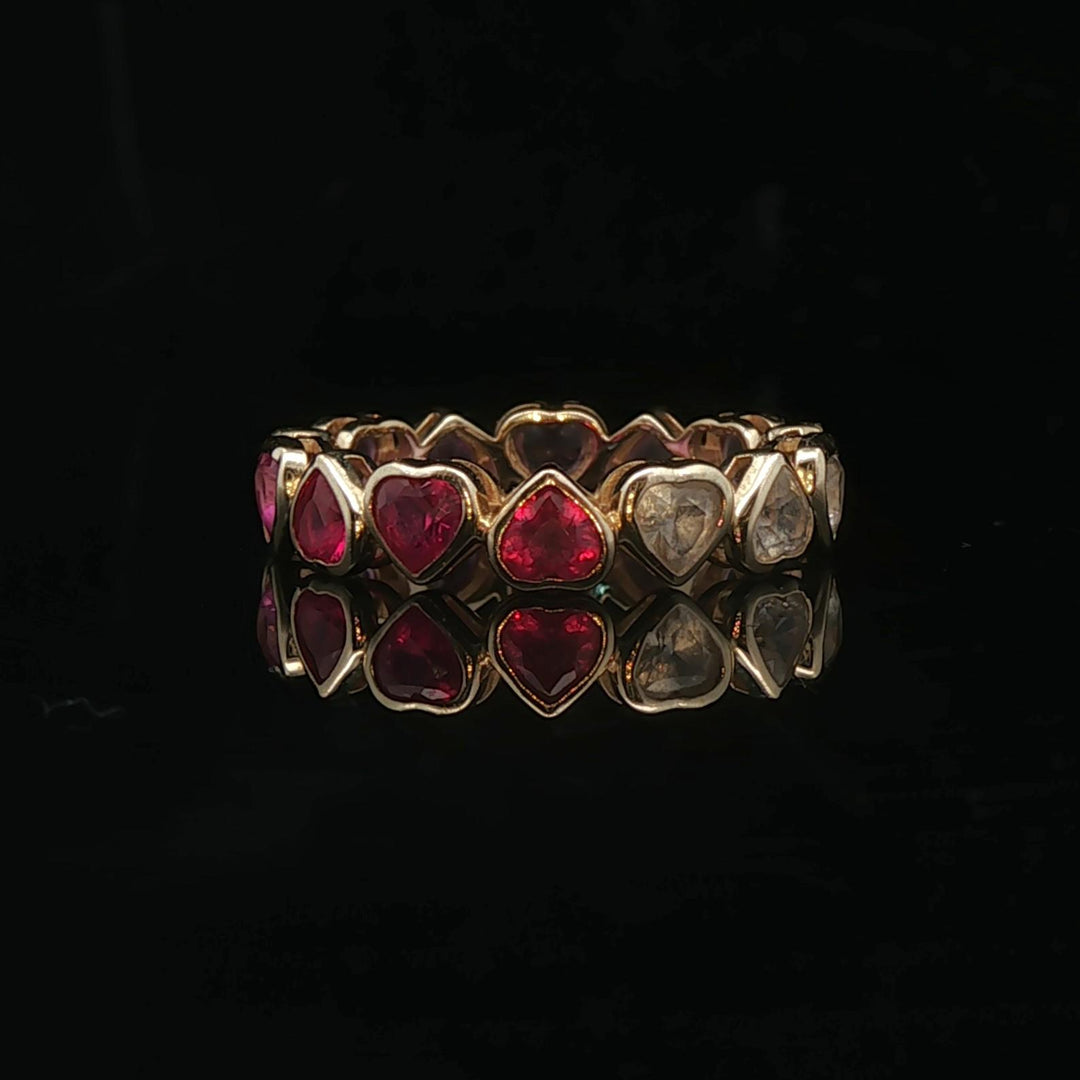 14k Yellow Gold and Multi Gemstone Heart Band Ring Size 4