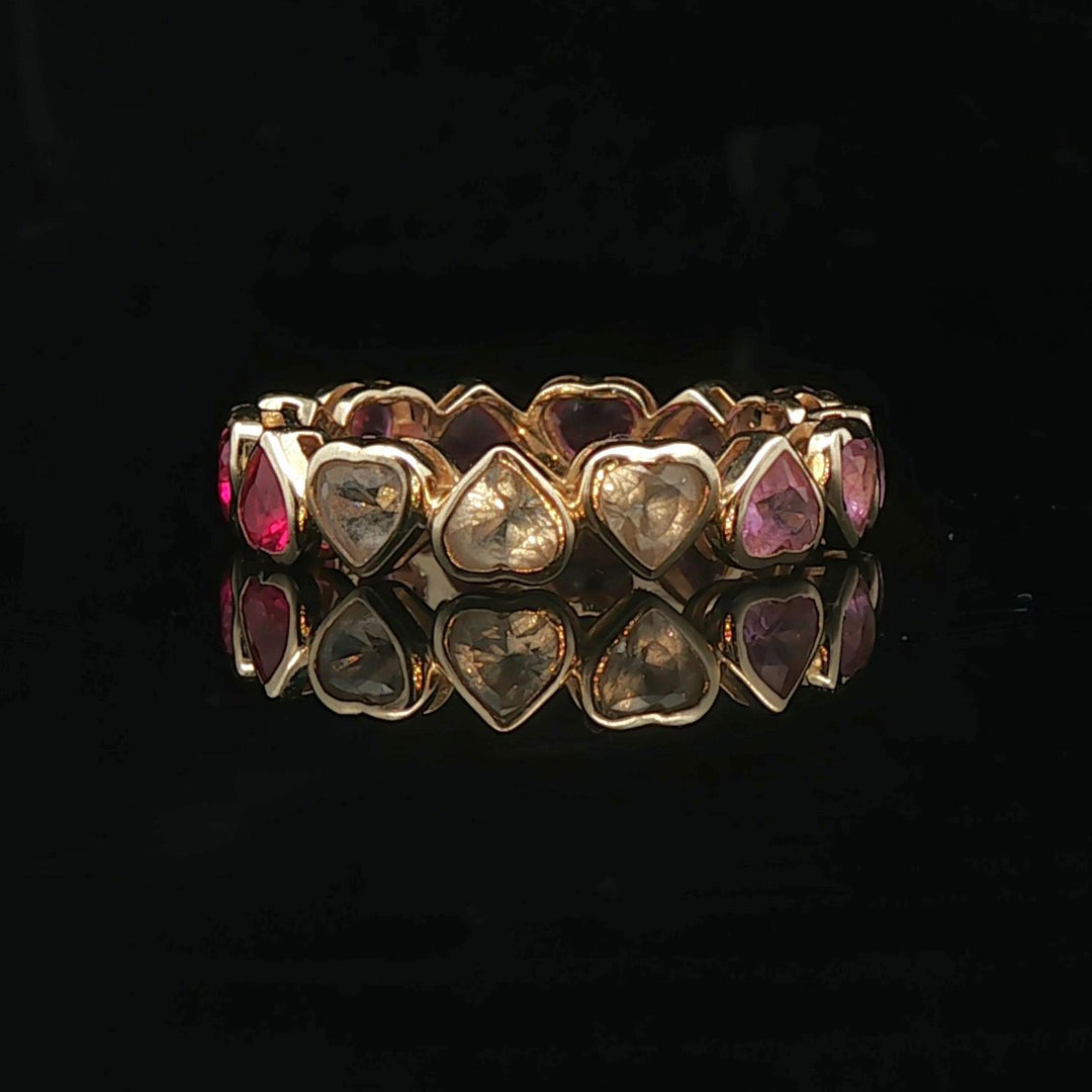 14k Yellow Gold and Multi Gemstone Heart Band Ring Size 4