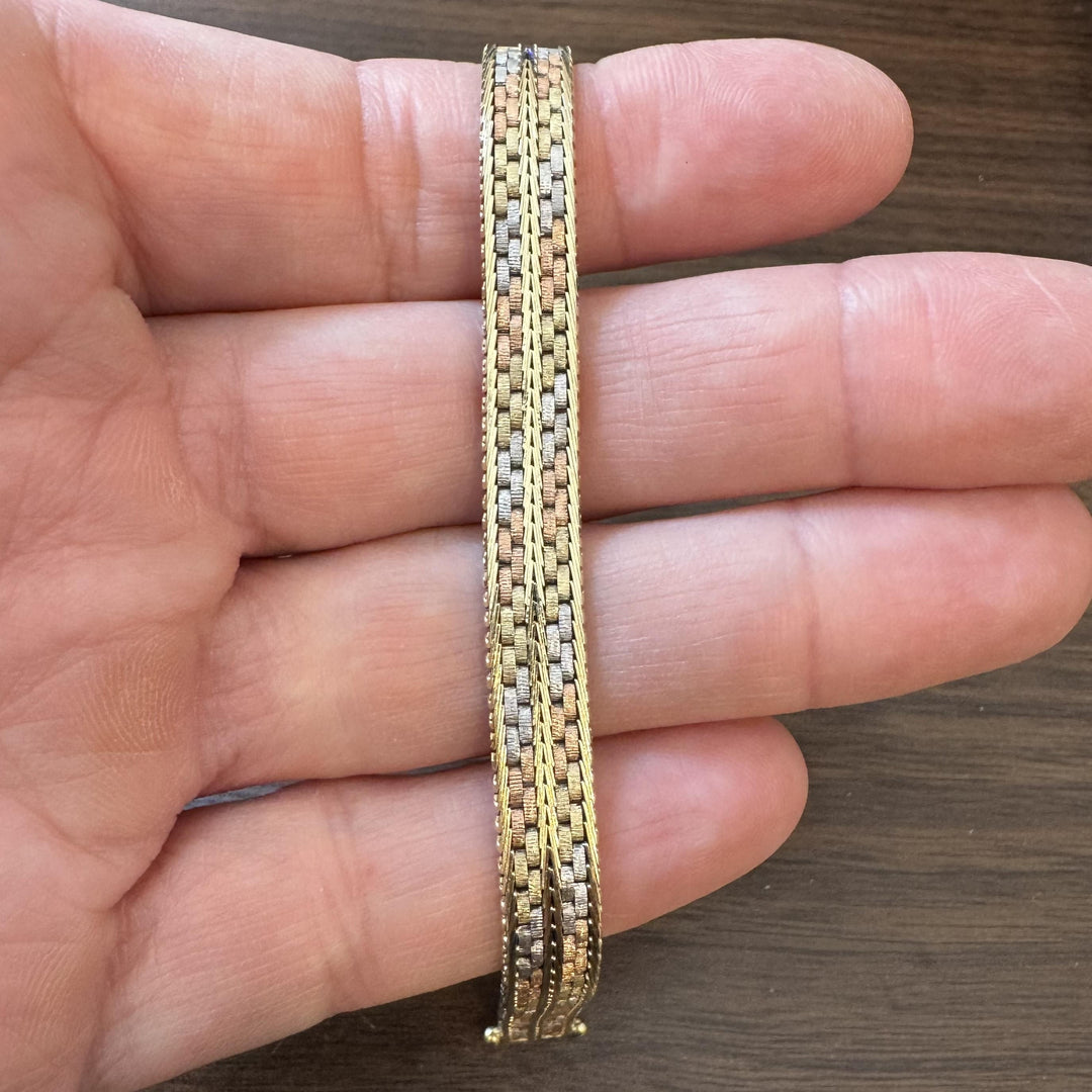 14k Tri Tone Gold 19.6g Solid Vintage 8mm Fancy Link Bracelet Italy 7"