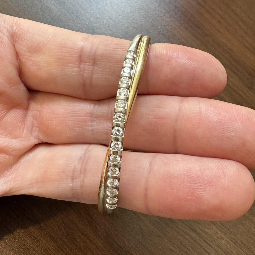 14k Yellow and White Gold 23.6g Heavy 1cttw Diamond Crossover Bangle 7"