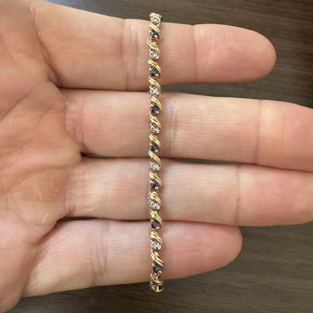10k Yellow Gold Blue Sapphire and Diamond 5.9g Ladies Bracelet 7.25"