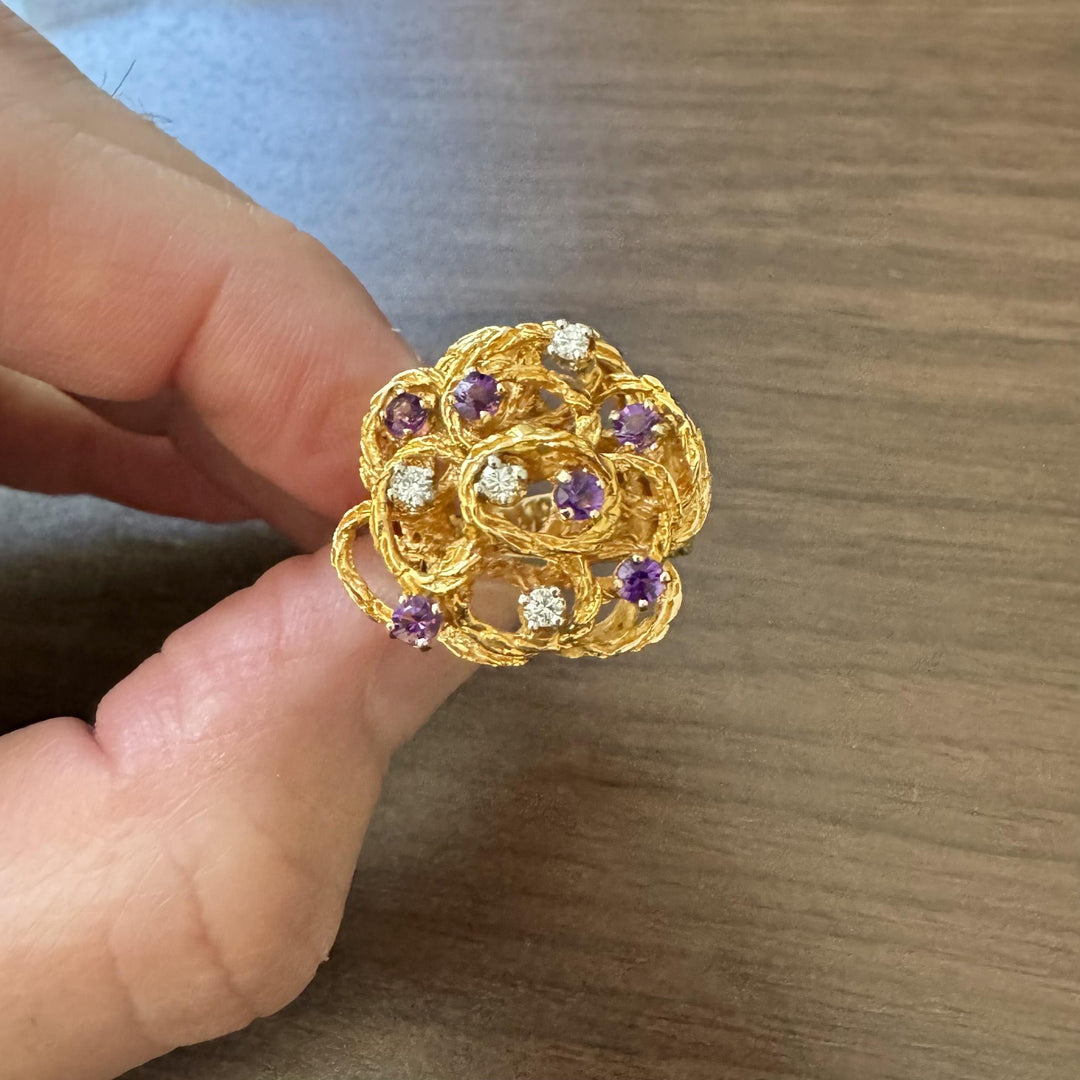 14k Yellow Gold Amethyst and Diamond 8.6g Woven Ladies Ring Size 6