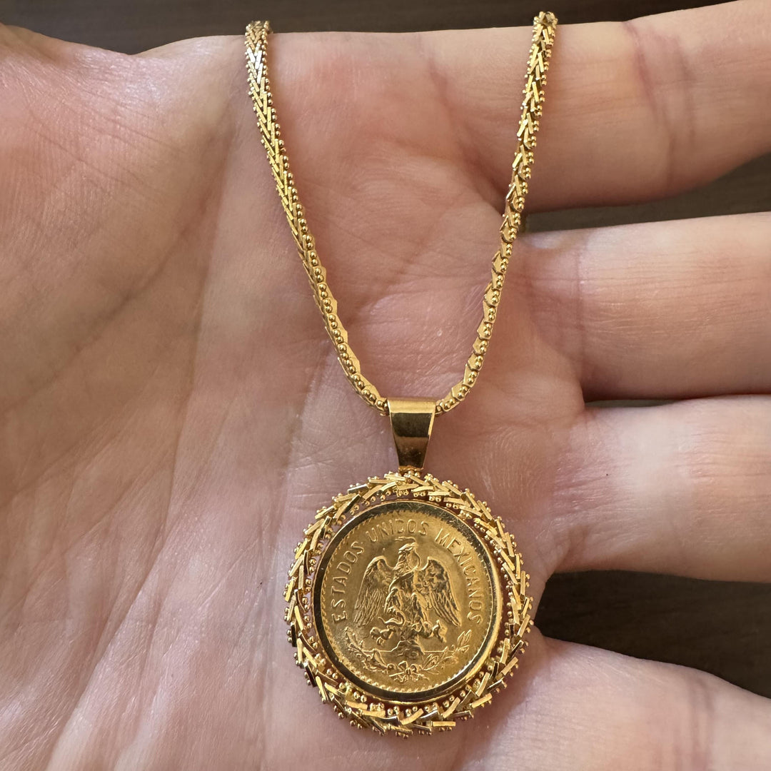 22k Gold Mexican Five Peso Coin and 18k Beaded Wheat Pendant Necklace 16"