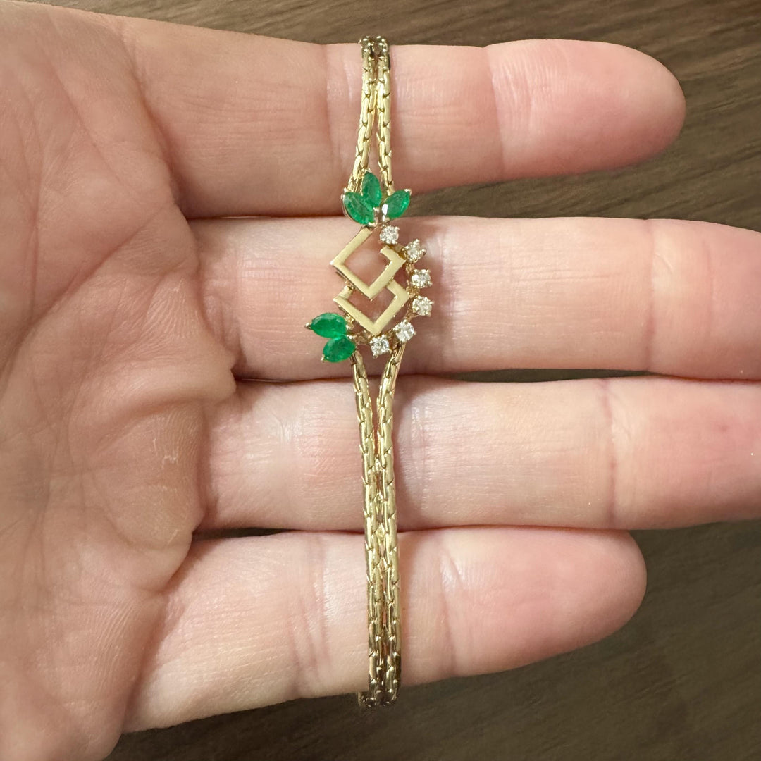 14k Yellow Gold Emerald and Diamond Vintage Ladies Bracelet Italy 7"