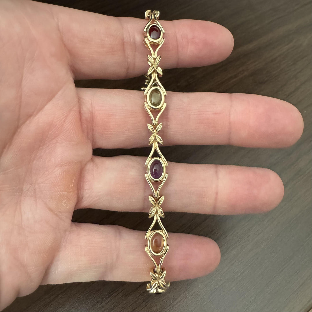 14k Yellow Gold 18.5g Ladies Floral Multi Cabochon Gemstone Link Bracelet 7.25"