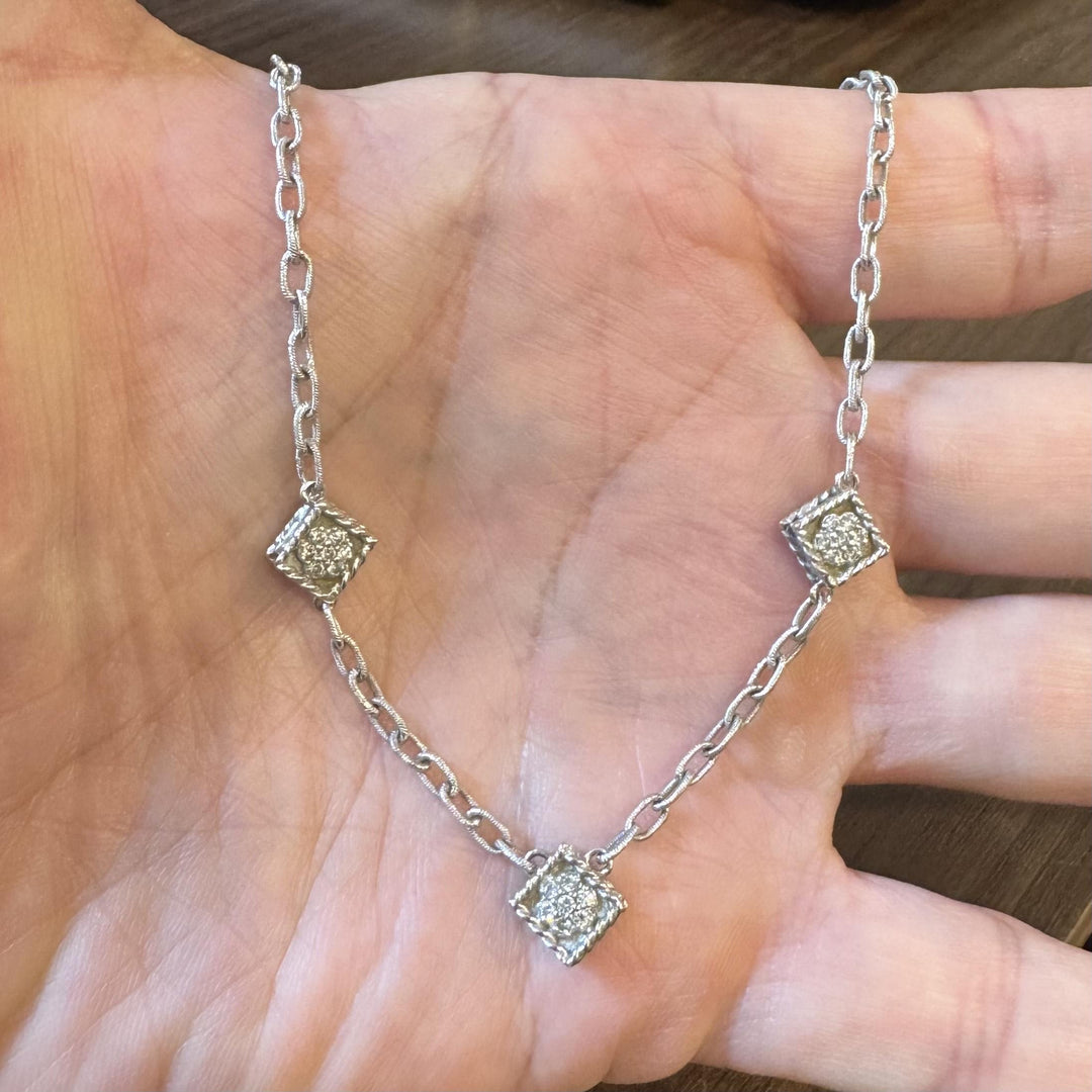 14k White Gold and Diamond Vintage Station Cable Link Necklace 16"