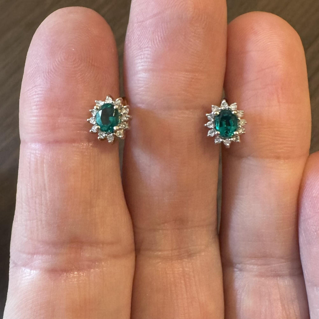 14k Yellow Gold Emerald and Diamond Halo Stud Earrings