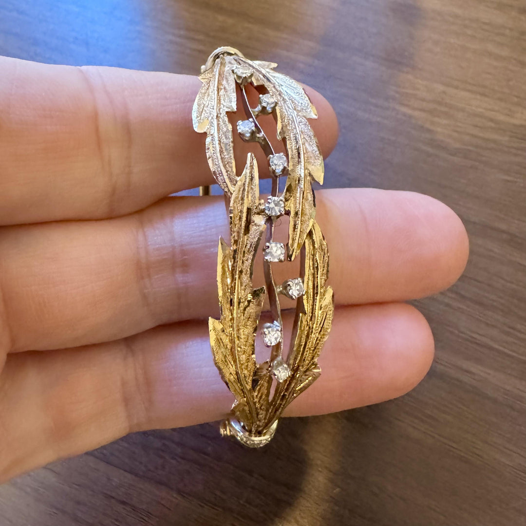 14k Yellow Gold and Diamond 21.3g Solid Vintage Floral Bangle Bracelet 7"