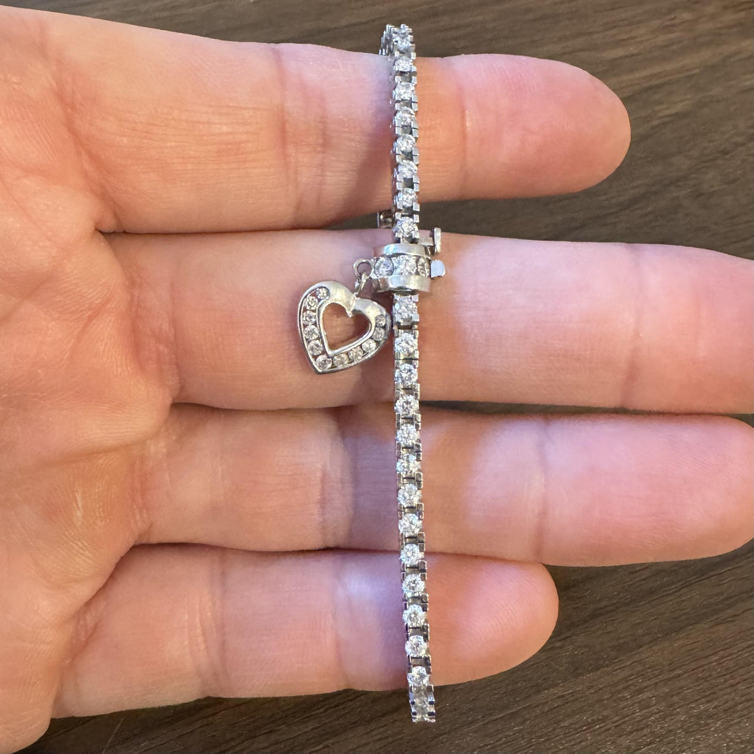 14k White Gold and 3cttw Diamond Heart Charm Tennis Bracelet 7"