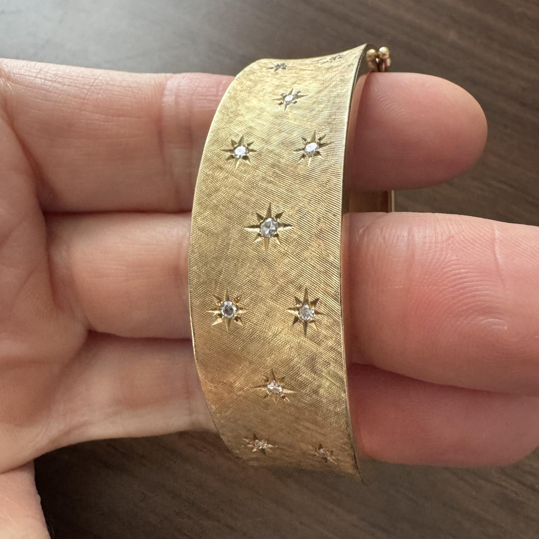14k Yellow Gold and Diamond 46g Heavy Florentine Vintage Bangle Bracelet 6.75"