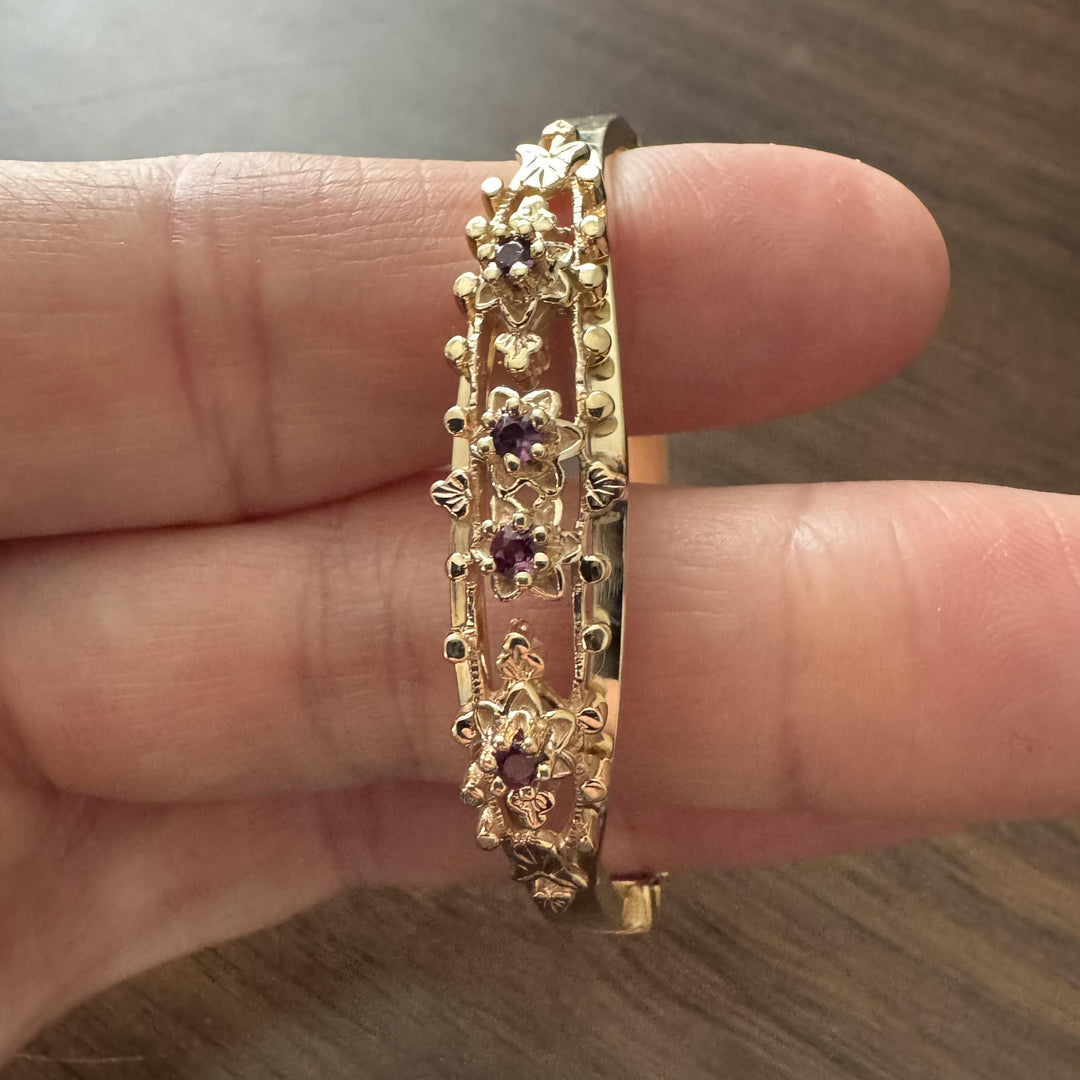 14k Yellow Gold and Ruby 12g Vintage Floral Bangle Bracelet 6.25"