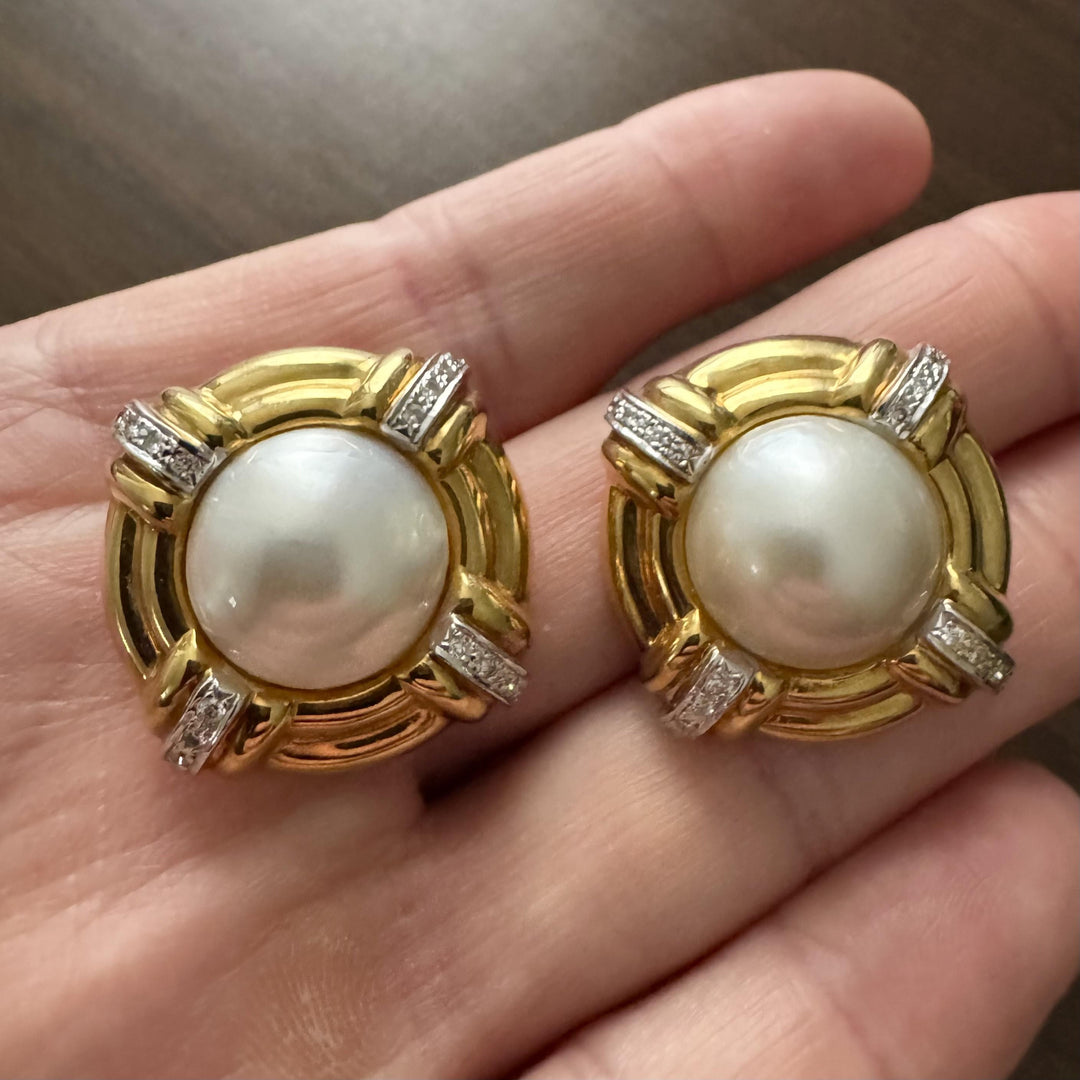 18k Yellow Gold Mabe Pearl and Diamond 18.4g Vintage Earclips 1"
