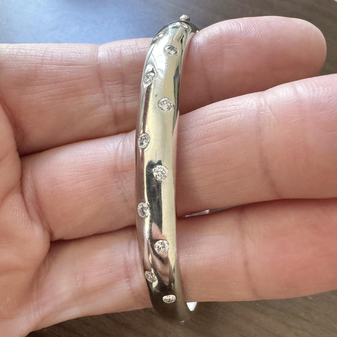 14k White Gold and Diamond 56g Solid Very Heavy Bangle Bracelet 7.75"