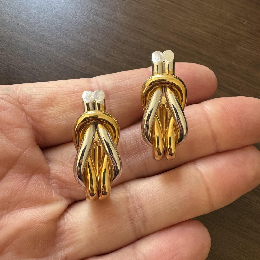 18k Yellow and White Gold 22.3g Heavy Knot Earrings Italy 1.4"