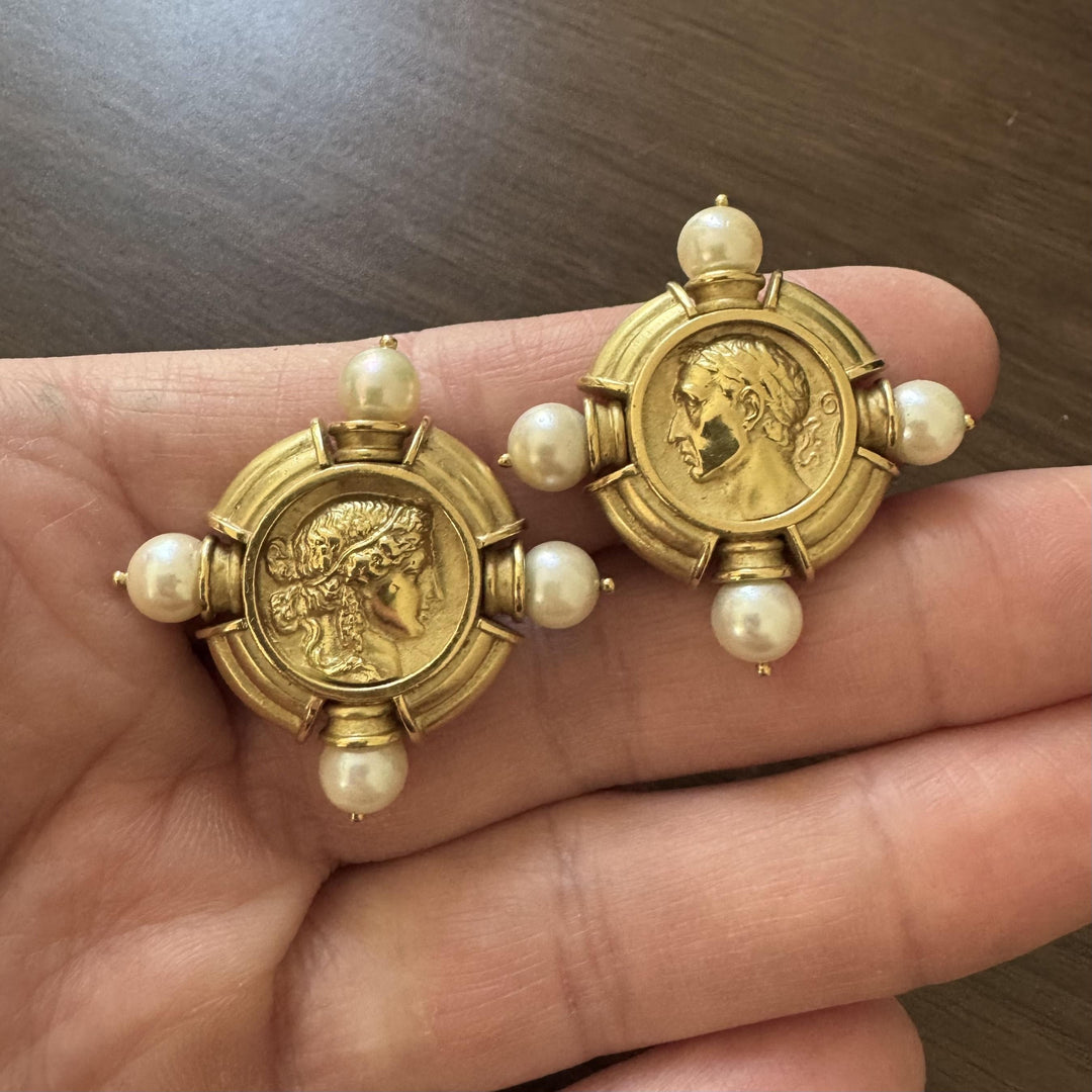 SeidenGang 18k Yellow Gold and Pearls Heavy Vintage Athena Ear Clips