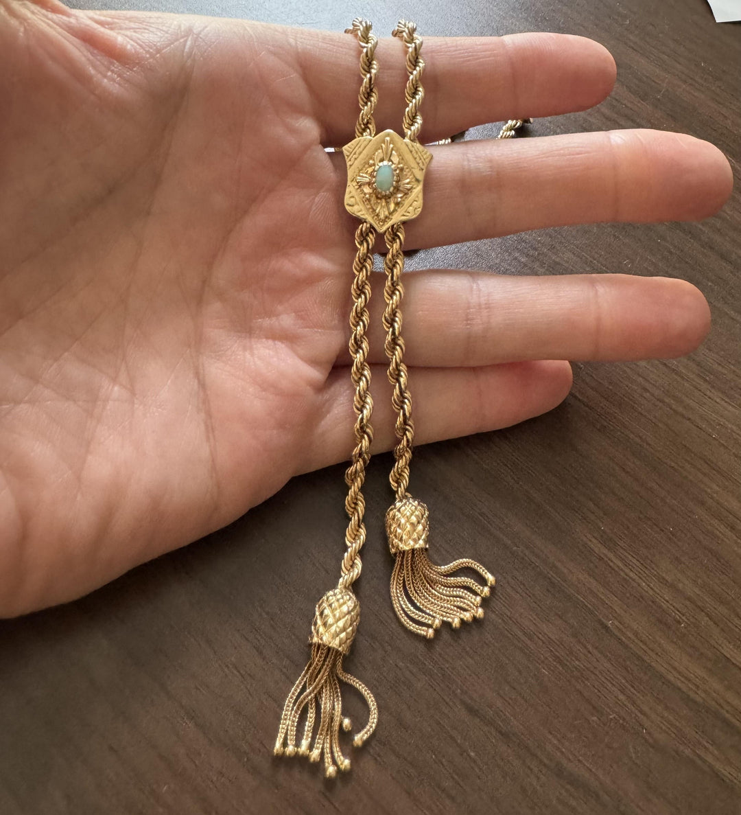 14k Yellow Gold 52g Vintage Opal Lariat Tassel Rope Necklace 16"