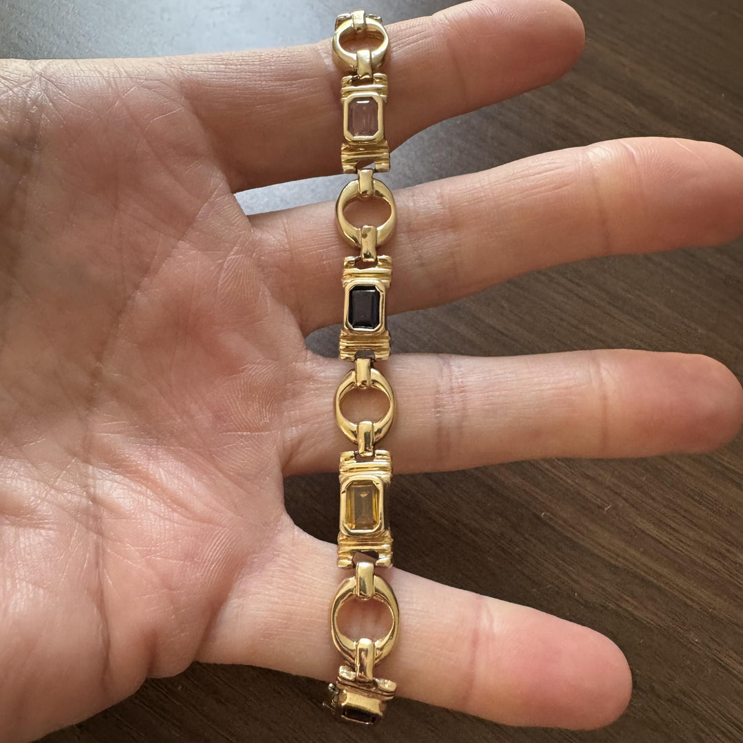 14k Yellow Gold 19g Ladies Vintage Multi Gemstone Link Bracelet 7.25"