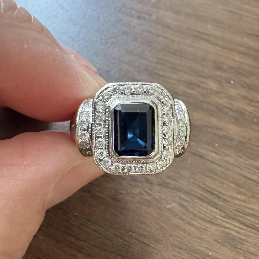 14k White Gold Blue Sapphire and Diamond Vintage Ring Size 6.5