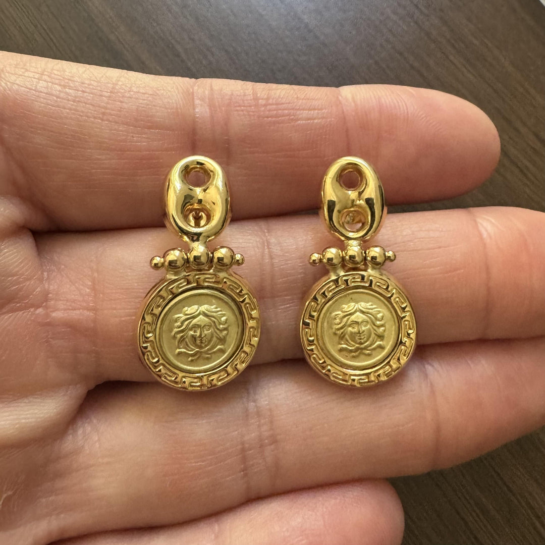18k Yellow Gold 8g Mariner Link Medusa Greek Key Dangle Earrings