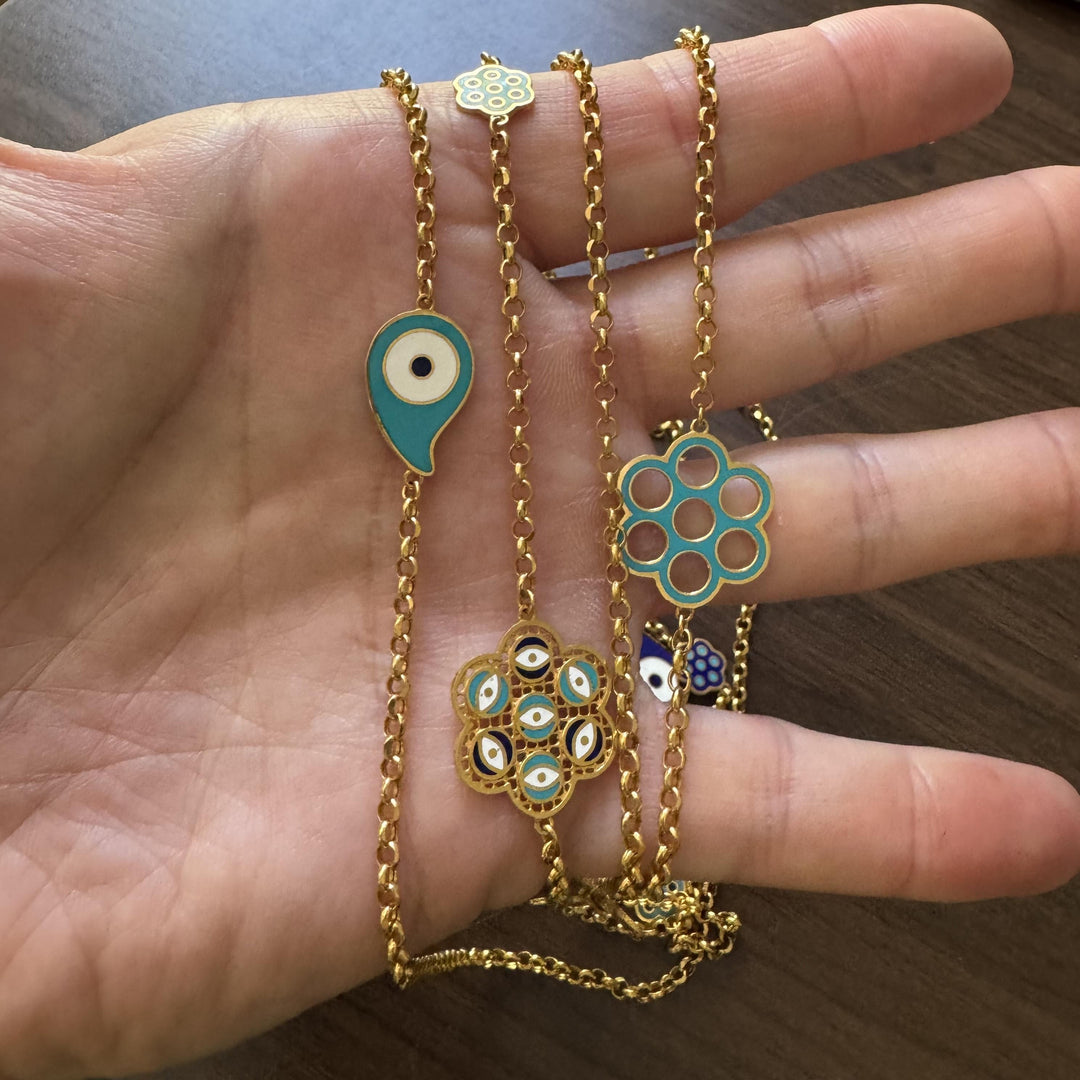 21k Yellow Gold and Enamel Very Long Evil Eye Rolo Link Station Necklace 62"