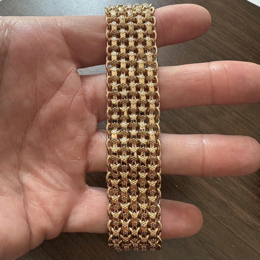19k Portuguese Yellow Gold 55.4g Ladies Wide 24mm Fancy Link Bracelet 7.75"